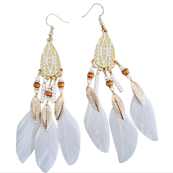 💖 2/$30 Gold & white Boho feather beaded tassel long drop festival earrings - Picture 8 of 11